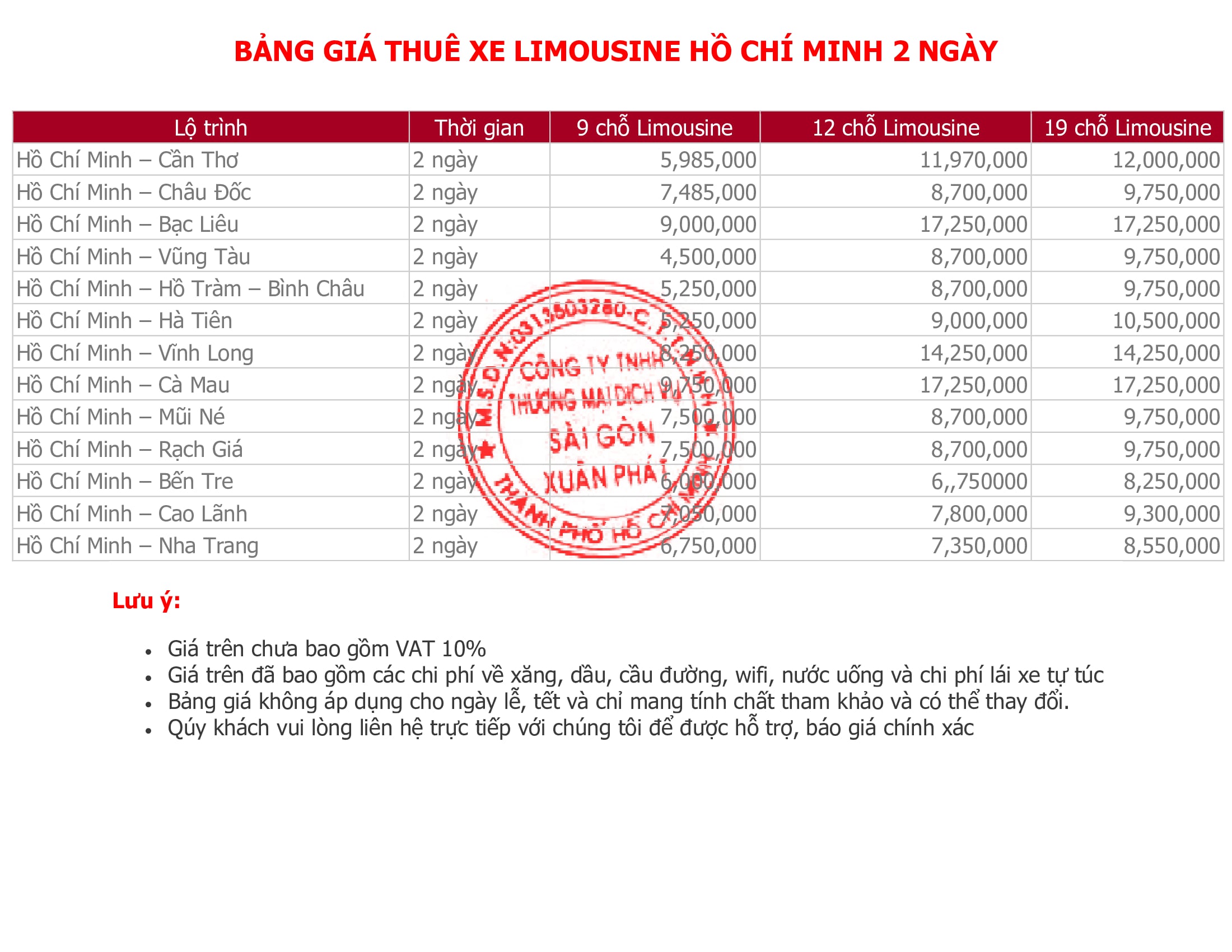 Giá thuê xe limousine Hồ Chí Minh 2 ngày