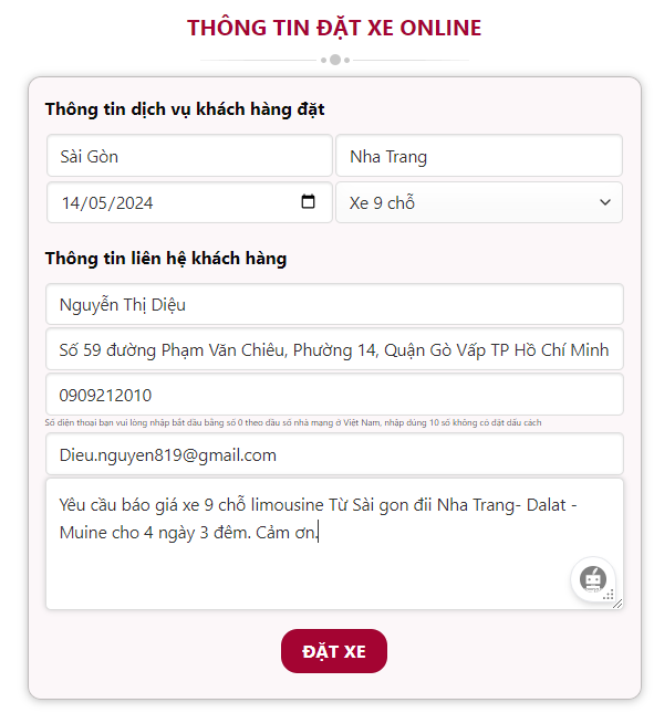 Form đặt xe thành công 
