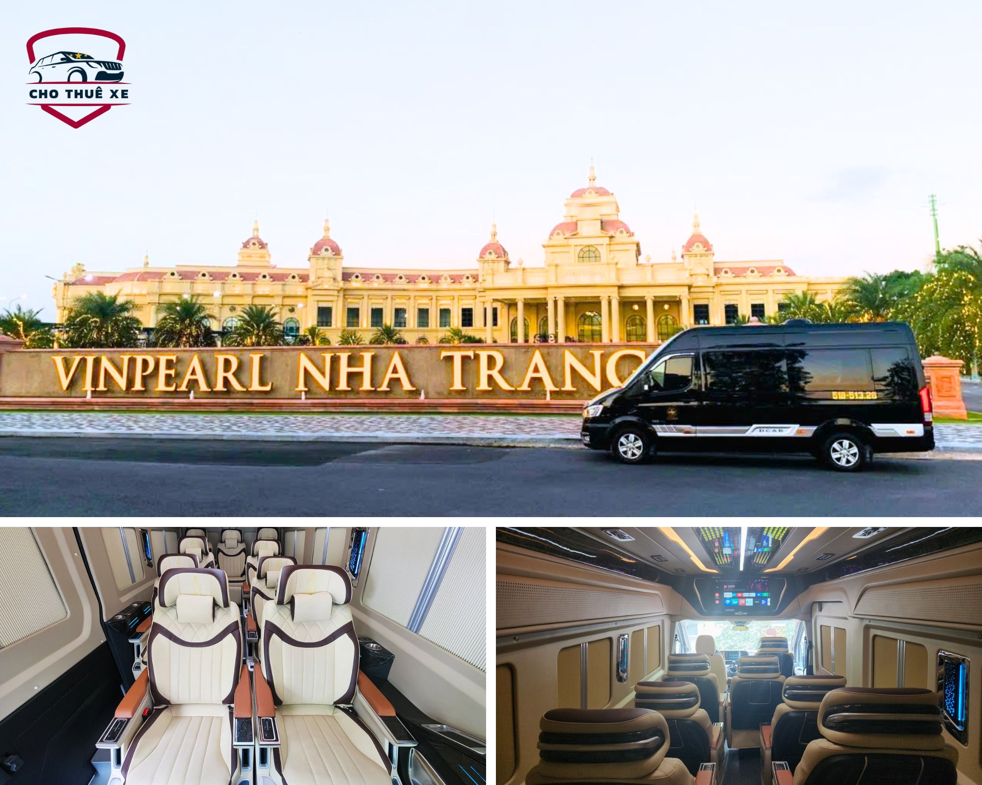 Thuê xe limousine Nha Trang 12 chỗ màu đen đỗ trước Vinpearl Nha Trang, nội thất da cao cấp ghế thư giãn
