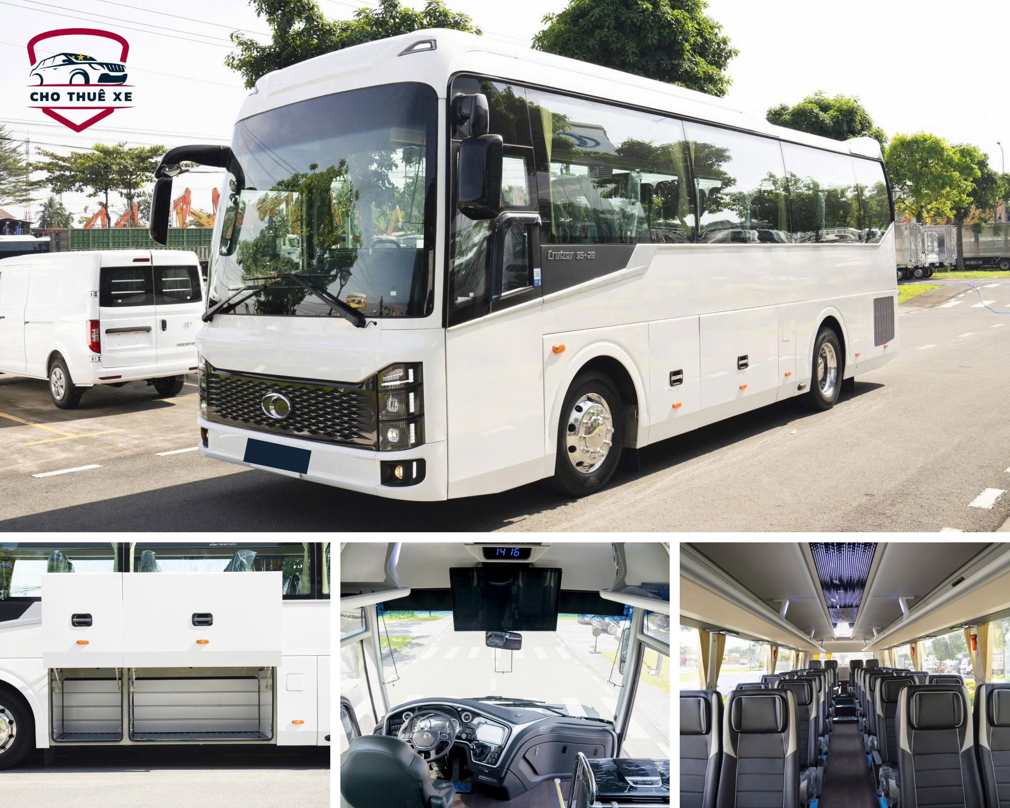 Nội thất xe 29 chỗ trong dịch vụ thuê xe ô tô Nha Trang với hàng ghế bọc nỉ màu xám thoải mái, lối đi rộng rãi tạo không gian dễ chịu cho hành khách