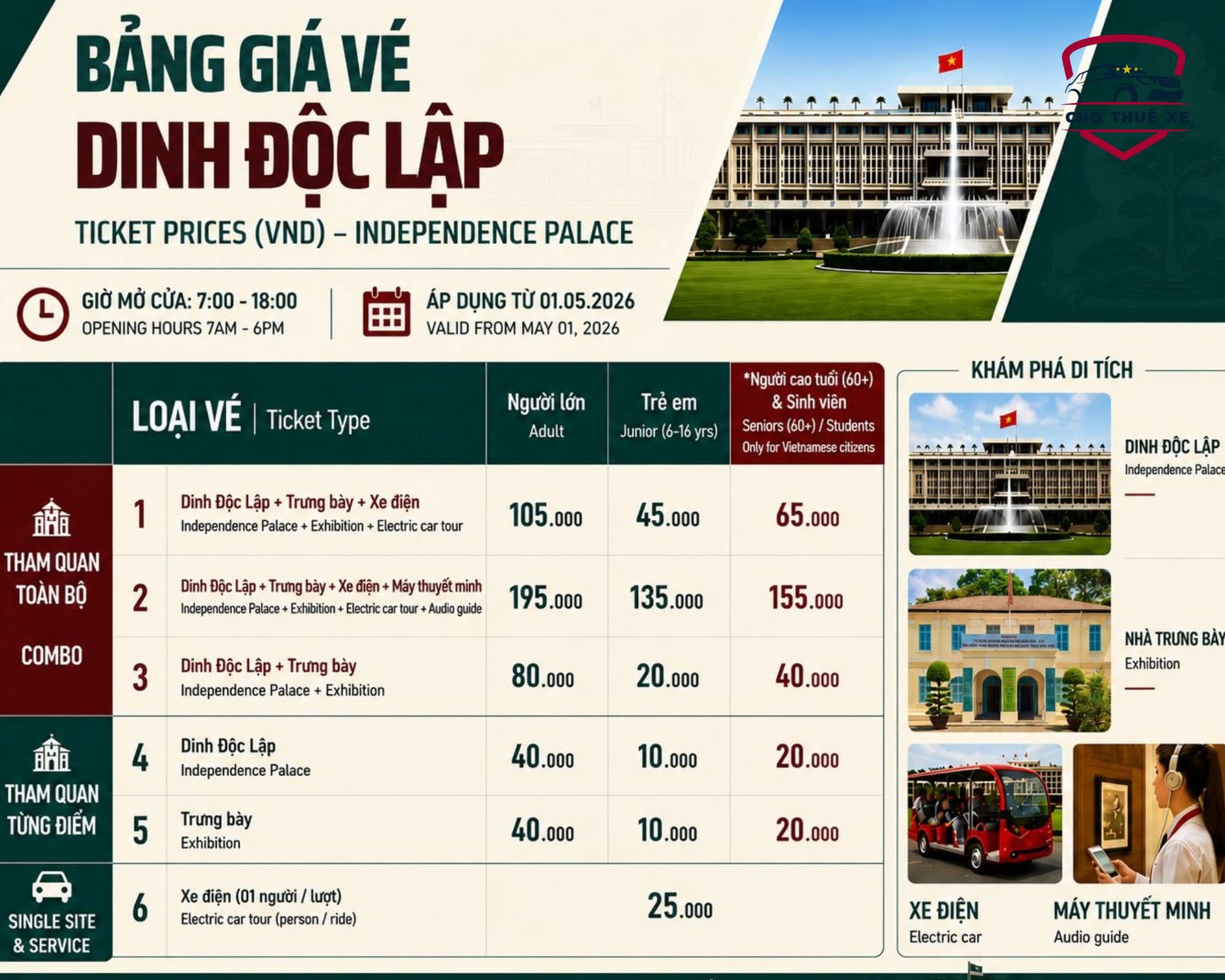 Bảng giá vé tổng hợp tham quan và gói dịch vụ tham quan Dinh Độc Lập