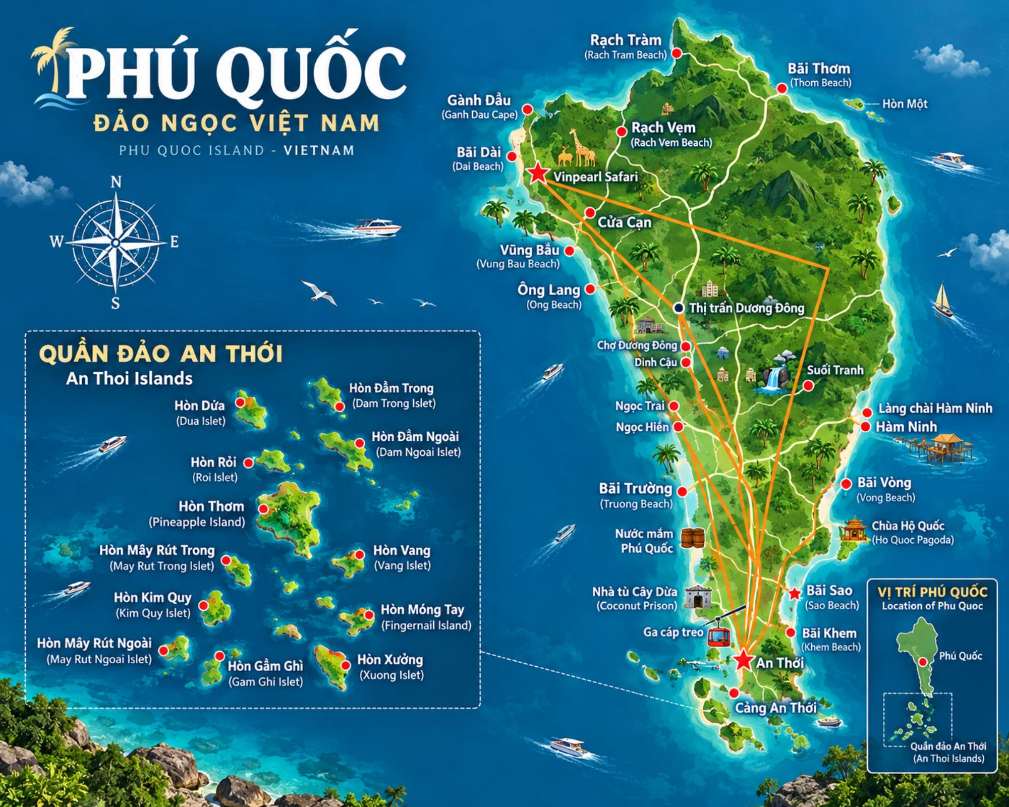 Bản đồ Phú Quốc và quần đảo An Thới với vị trí cảng An Thới, đường đi từ Dương Đông và các điểm lân cận, phục vụ tour 4 hòn đảo Phú Quốc
