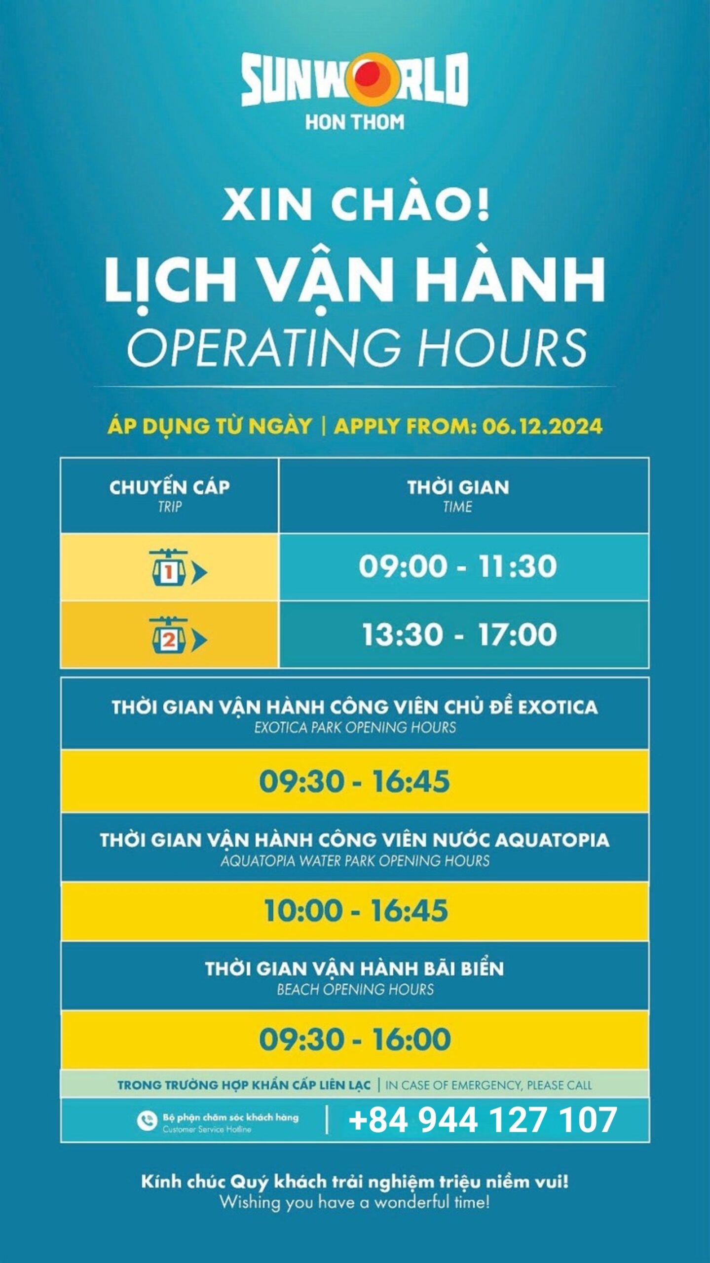Lịch vận hành vé cáp treo Hòn Thơm Phú Quốc