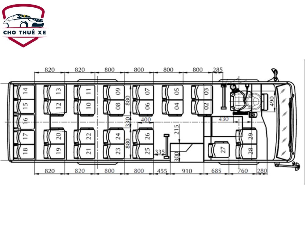Sơ đồ xe khách 29 chỗ của thương hiệu Samco