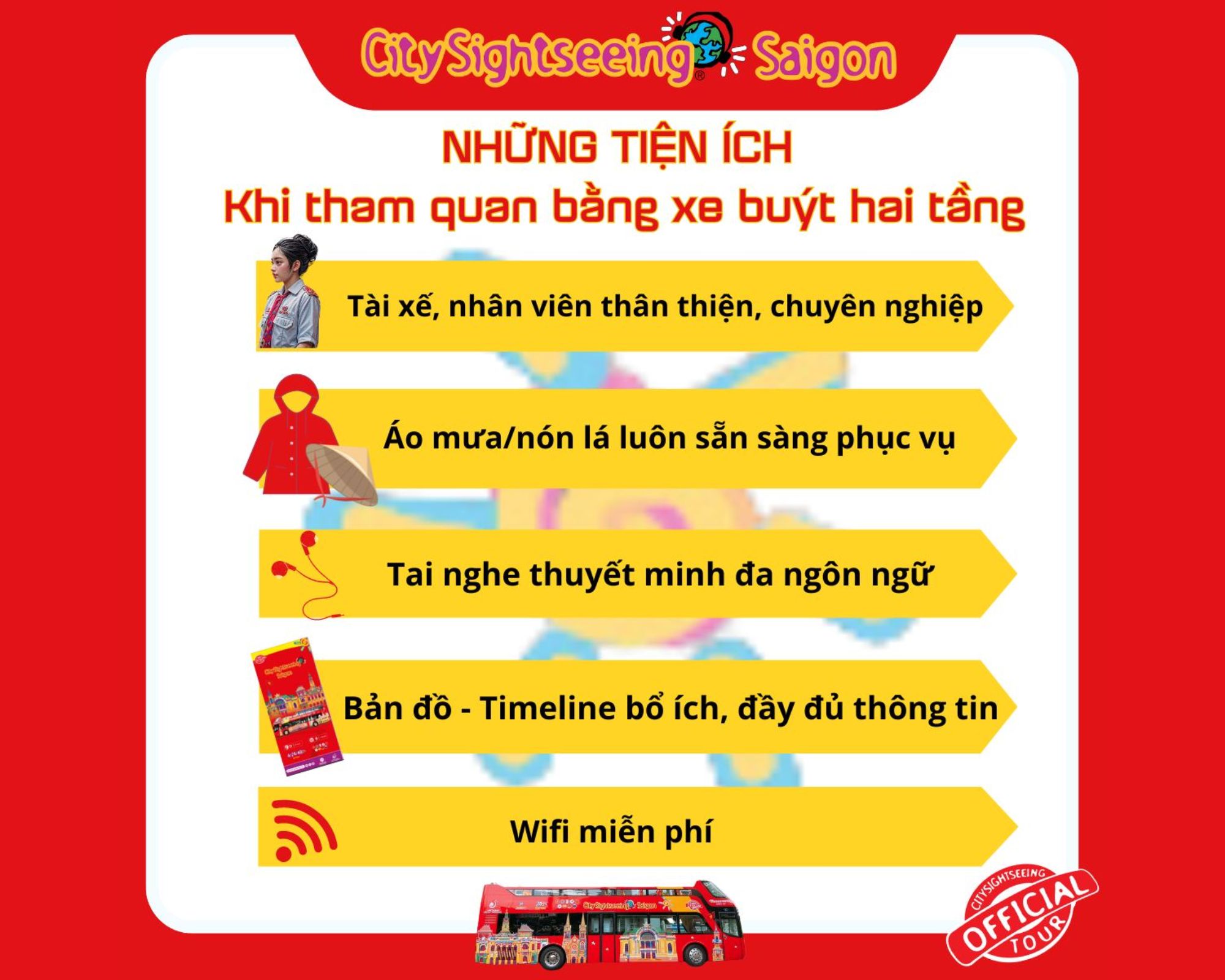 Các dịch vụ đi kèm khi mua vé xe buýt 2 tầng City Sightseeing: Wifi, thuyết minh 9 ngôn ngữ, bản đồ timeline