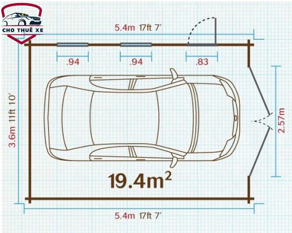 Hình ảnh mô phỏng về kích thước gara xe 7 chỗ