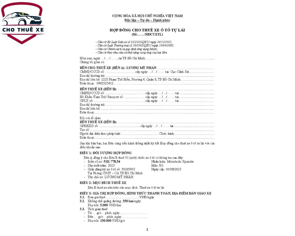 Mẫu hợp đồng thuê xe tự lái