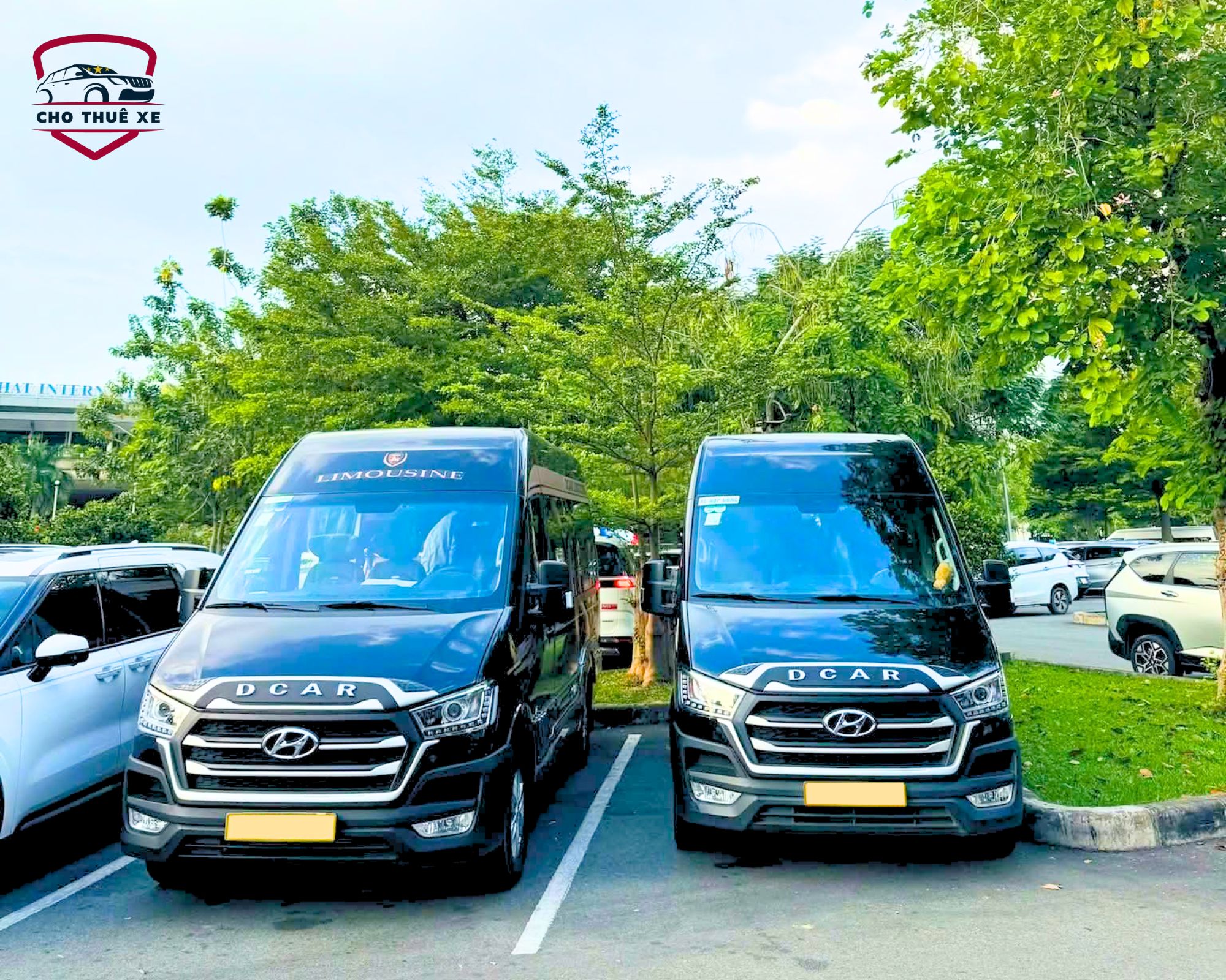Dàn xe DCar Limousine 12 chỗ cao cấp, ngoại thất đen bóng, sẵn sàng cho thuê tại Sóc T. Xe phù hợp cho công ty hoặc gia đình lớn
