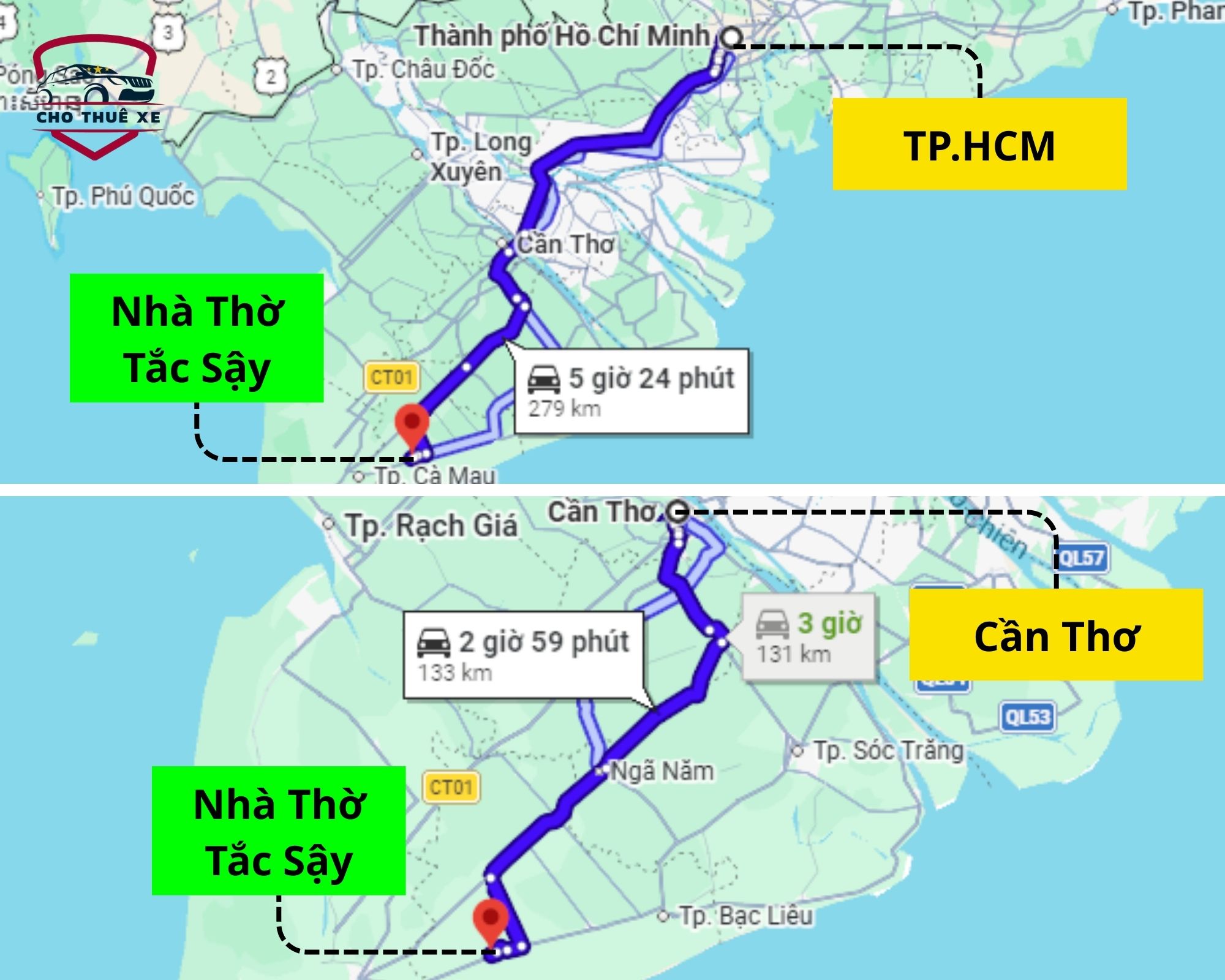 Hướng dẫn cung đường từ Sài Gòn và Cần Thờ đến Tắc Sậy cho dịch vụ thuê xe đi Cha Diệp