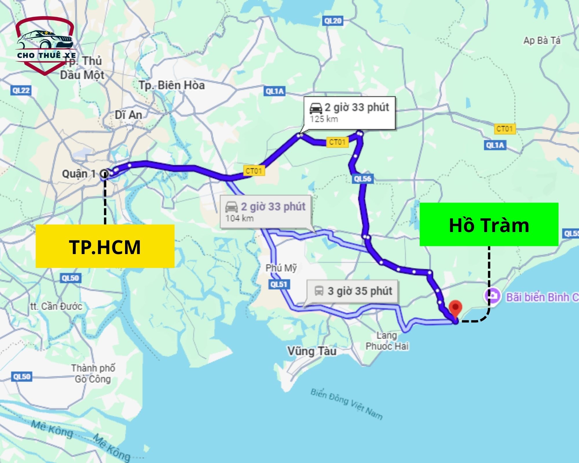 Bản đồ chỉ đường và thời gian di chuyển khi thuê xe limousine đi Hồ Tràm từ trung tâm TP.HCM