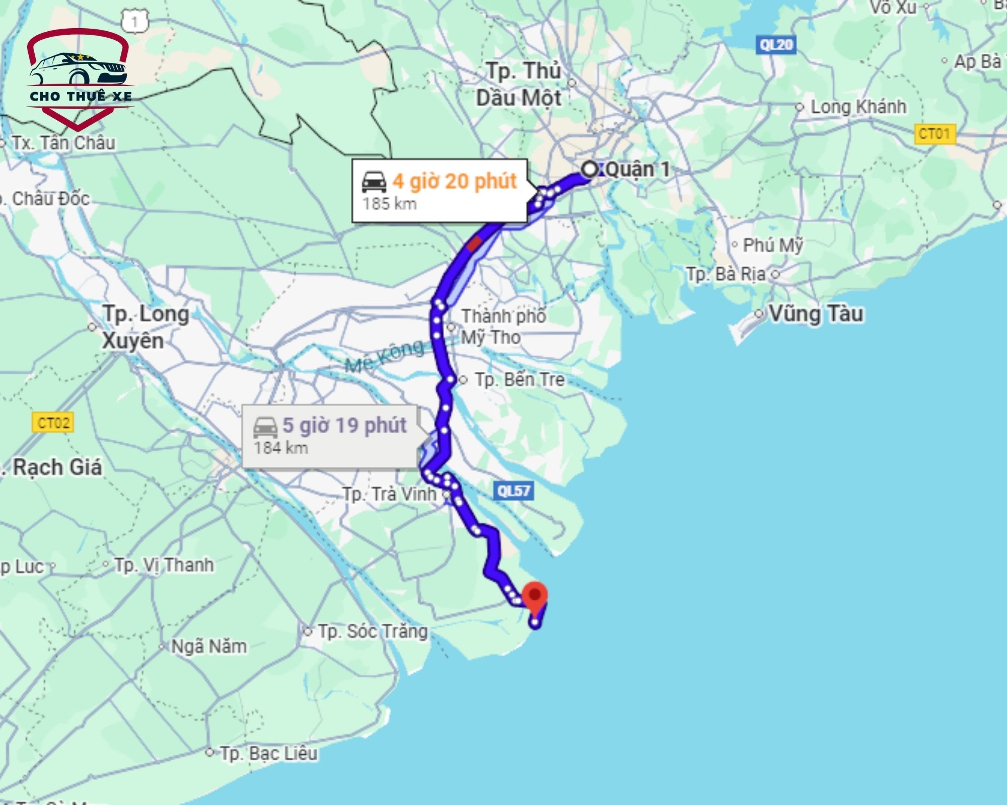 Bản đồ dẫn đường và thời gian di chuyển đi biển Ba Động bằng xe du lịch từ Sài Gòn