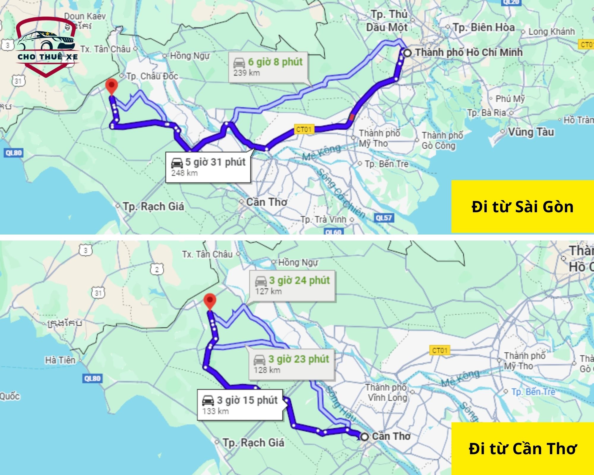Bản đồ hướng dẫn đường đi giúp bạn biết Rừng tràm Trà Sư ở đâu khi xuất phát từ Sài Gòn và Cần Thơ