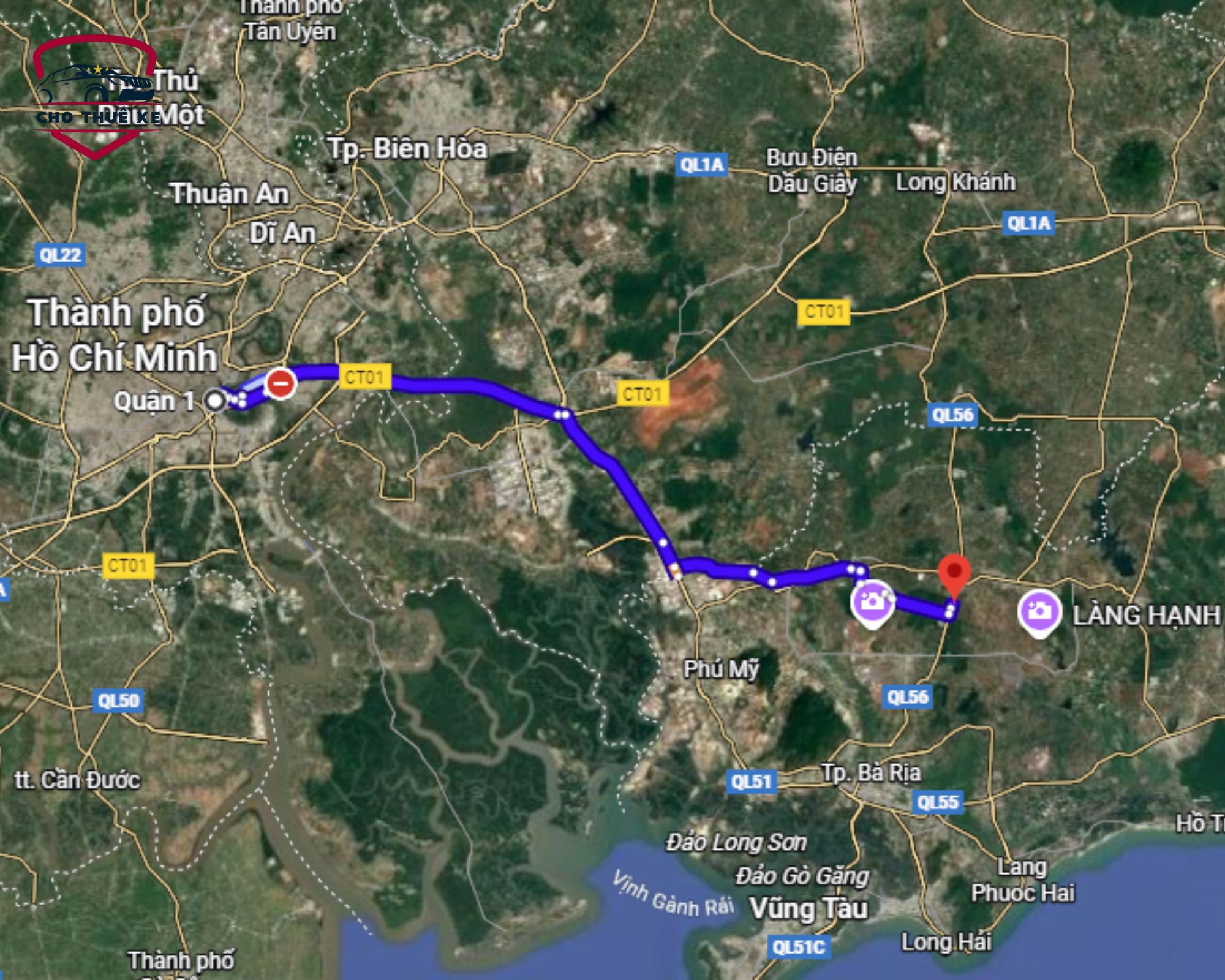 Bản đồ từ Quận 1 TP.HCM đến Châu Đức - Dịch vụ thuê xe Sài Gòn đi Châu Đức giá rẻ, an toàn