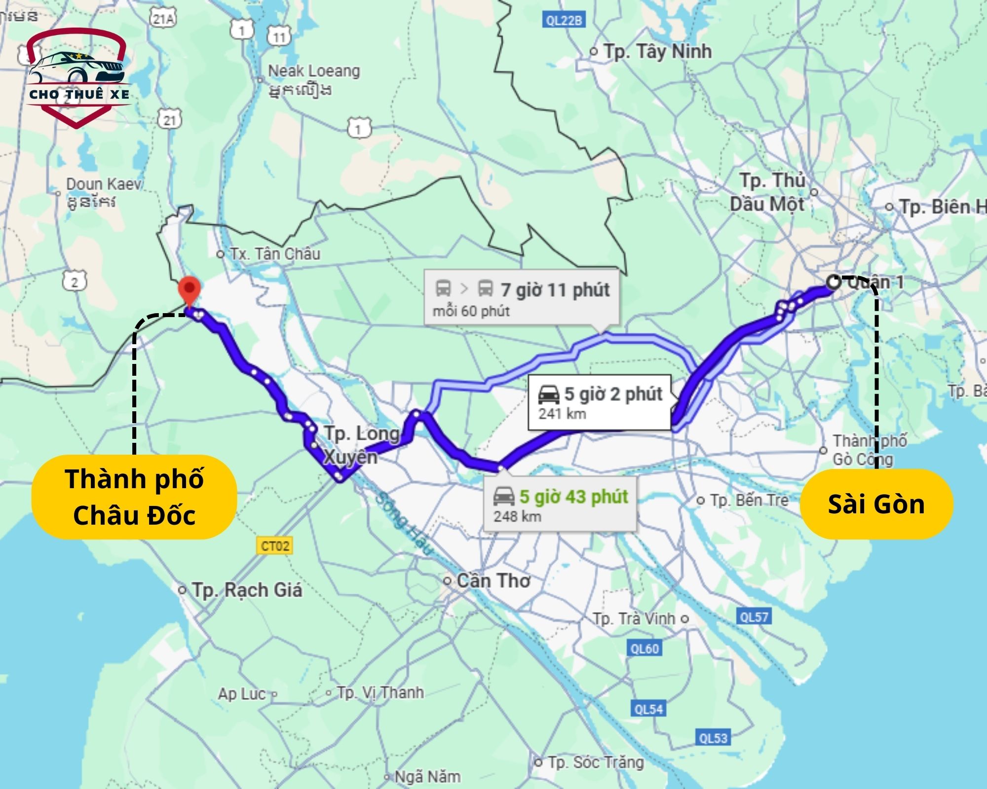 Lộ trình di chuyển chi tiết và khoảng cách từ TPHCM đến An Giang khi thuê xe limousine đi Châu Đốc