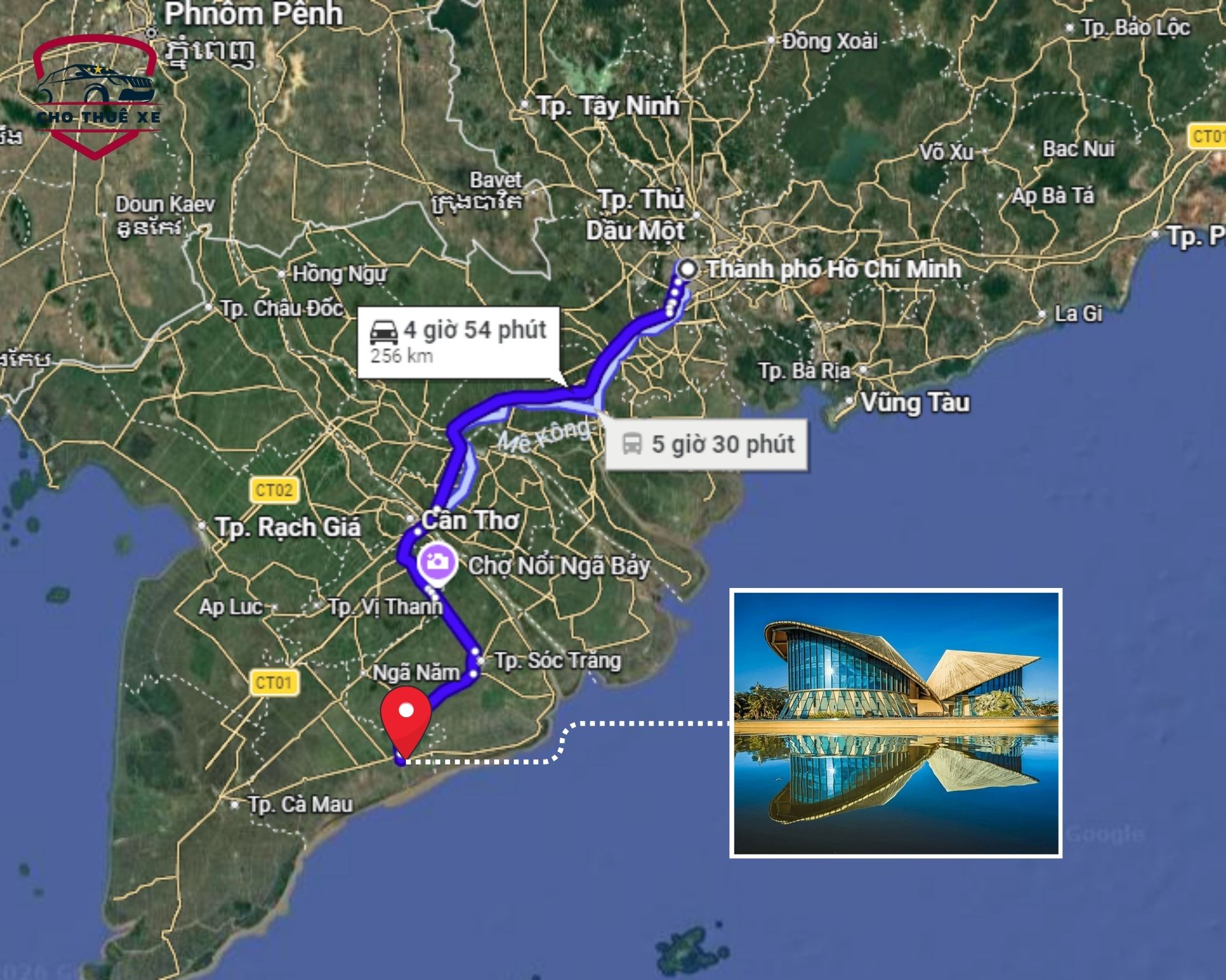 Lộ trình tối ưu cho hành trình thuê xe limousine đi Bạc Liêu qua các tỉnh miền Tây, giúp khách hàng dễ dàng theo dõi chuyến đi