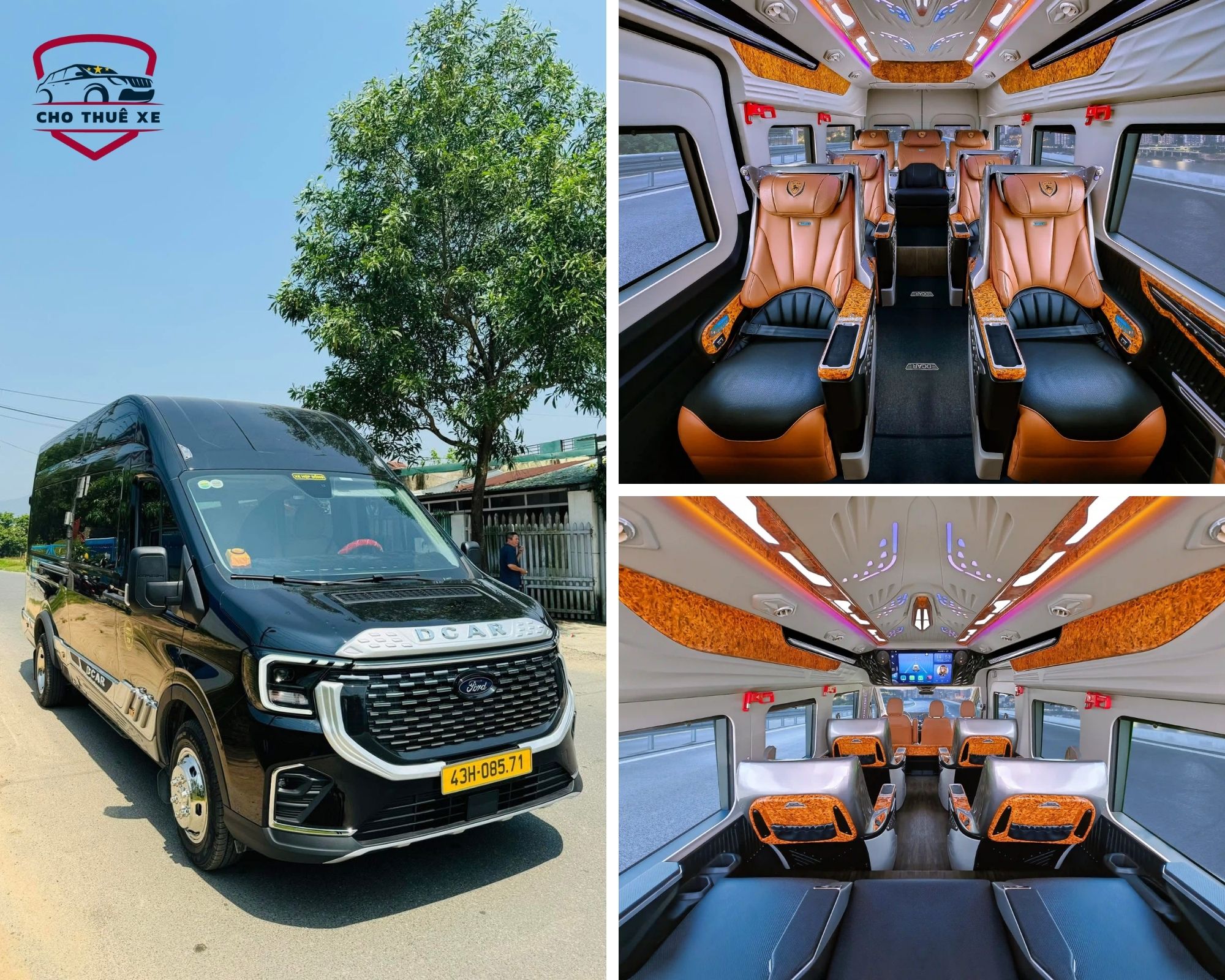 Nội thất xe Limousine Ford Transit với ghế da cao cấp, hệ thống đèn LED và ốp gỗ tinh tế phù hợp cho du lịch gia đình