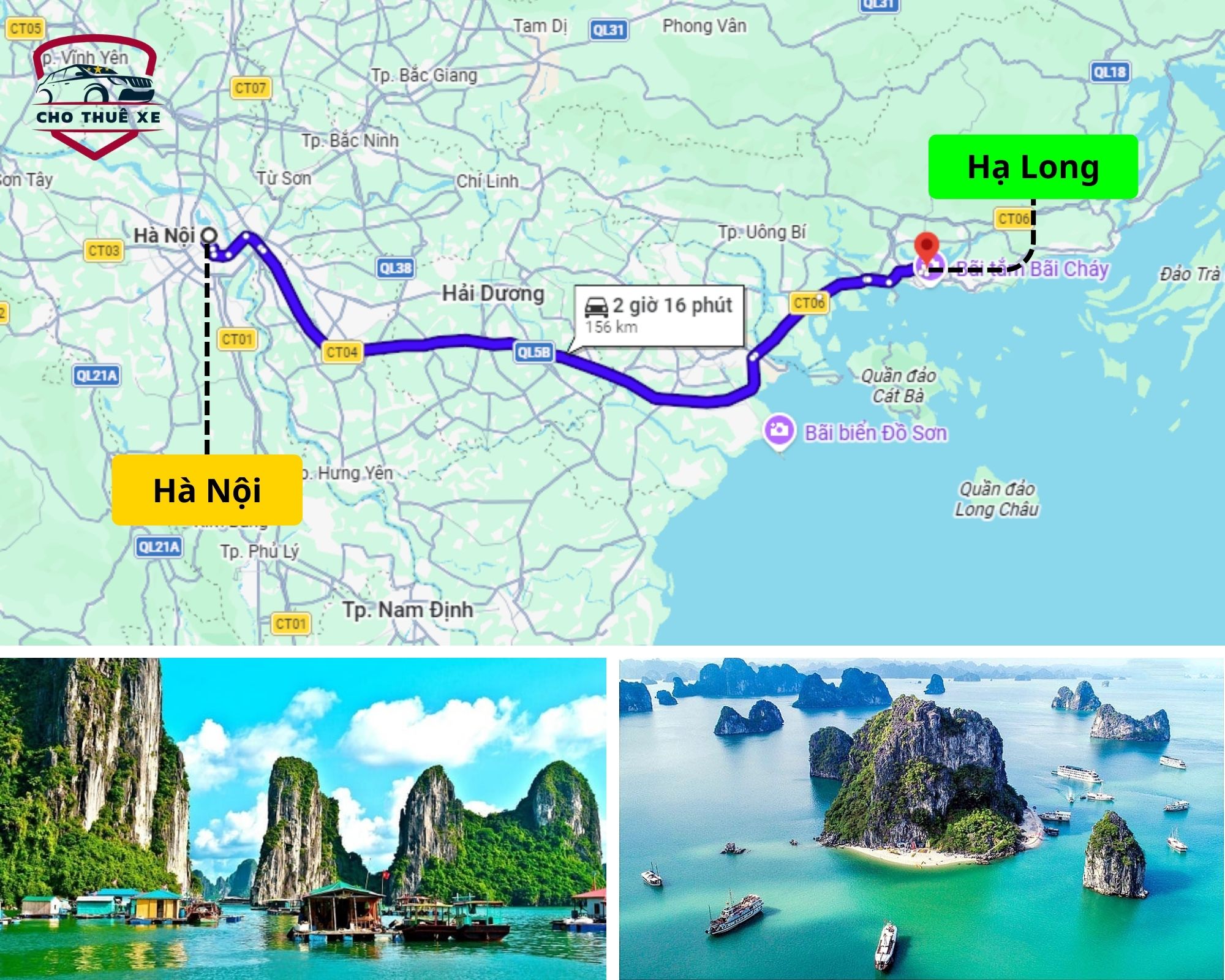 Bản đồ Google Maps tuyến đường cho thuê xe đi Hạ Long từ trung tâm Hà Nội