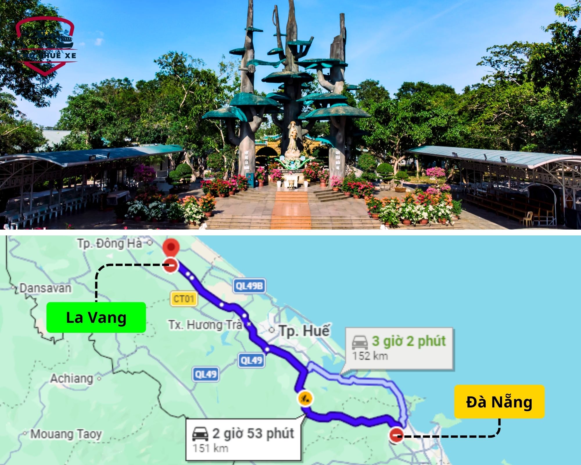 Bản đồ chi tiết và tuyến đường khi thuê xe từ Đà Nẵng đi La Vang, Quảng Trị