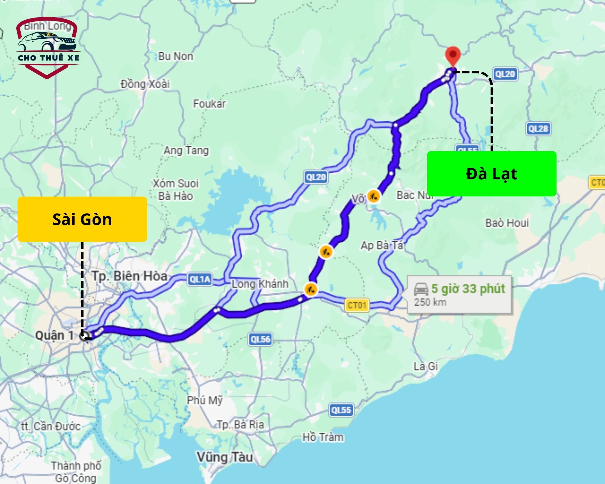 Bản đồ trực quan hướng dẫn tuyến đường chính cho chuyến đi thuê xe đi Đà Lạt 3 ngày 2 đêm bằng ô tô, xuất phát từ Sài Gòn