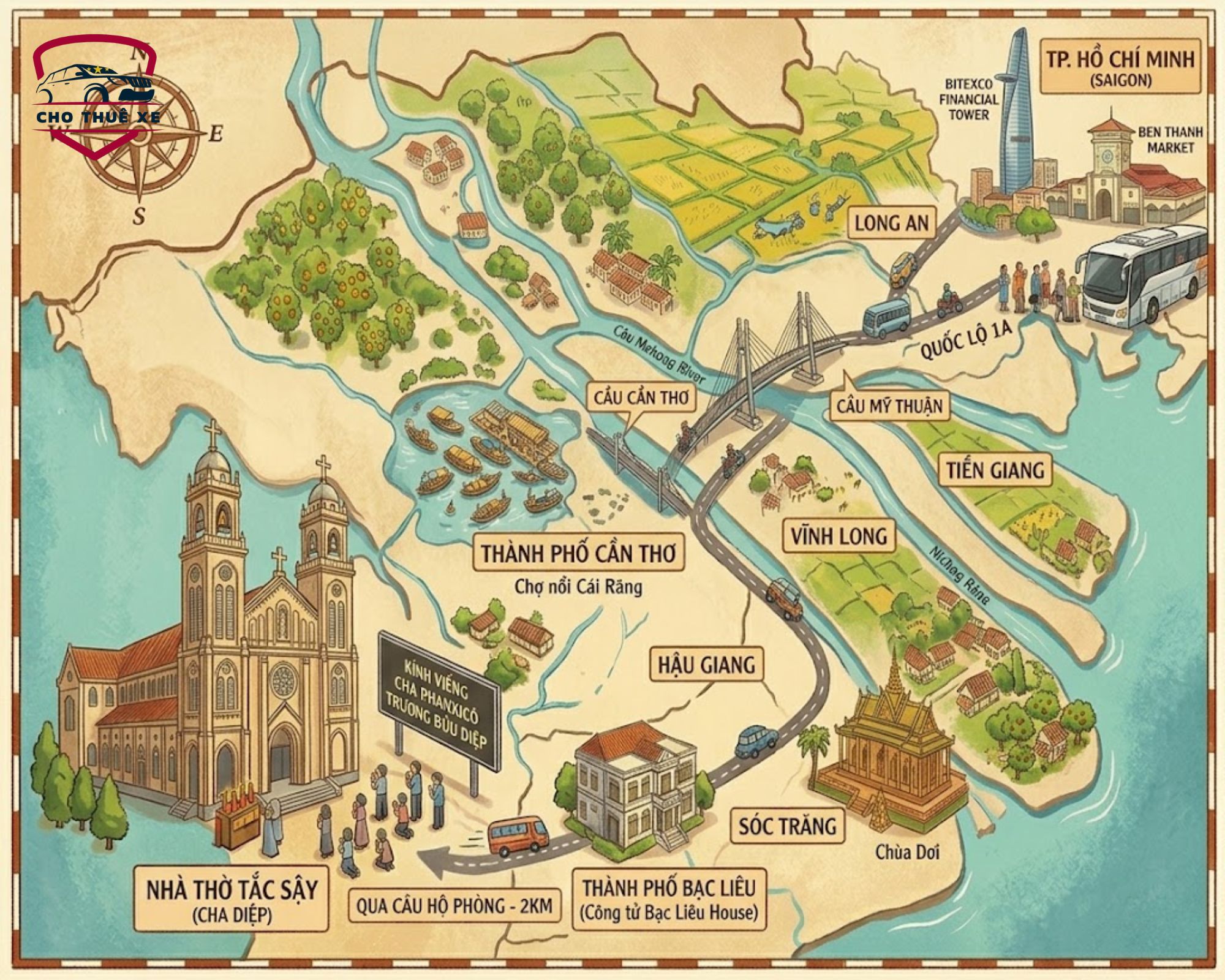 Bản đồ hành hương Nhà thờ Tắc Sậy Cha Diệp và các danh thắng nổi tiếng