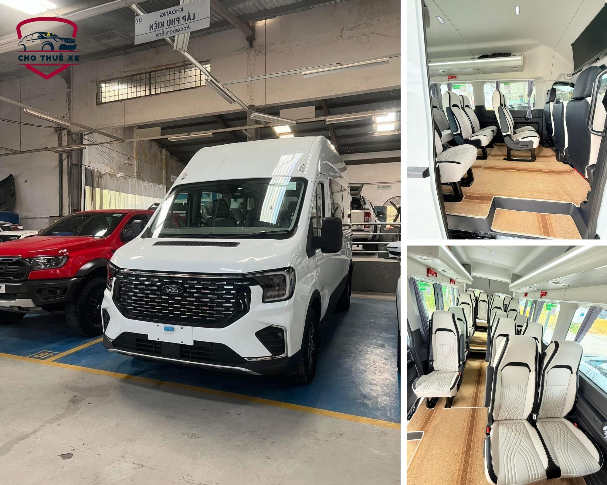 Bên trong xe 16 chỗ hiện đại với hệ thống ghế ngồi bọc da cao cấp và khoang hành khách sạch sẽ