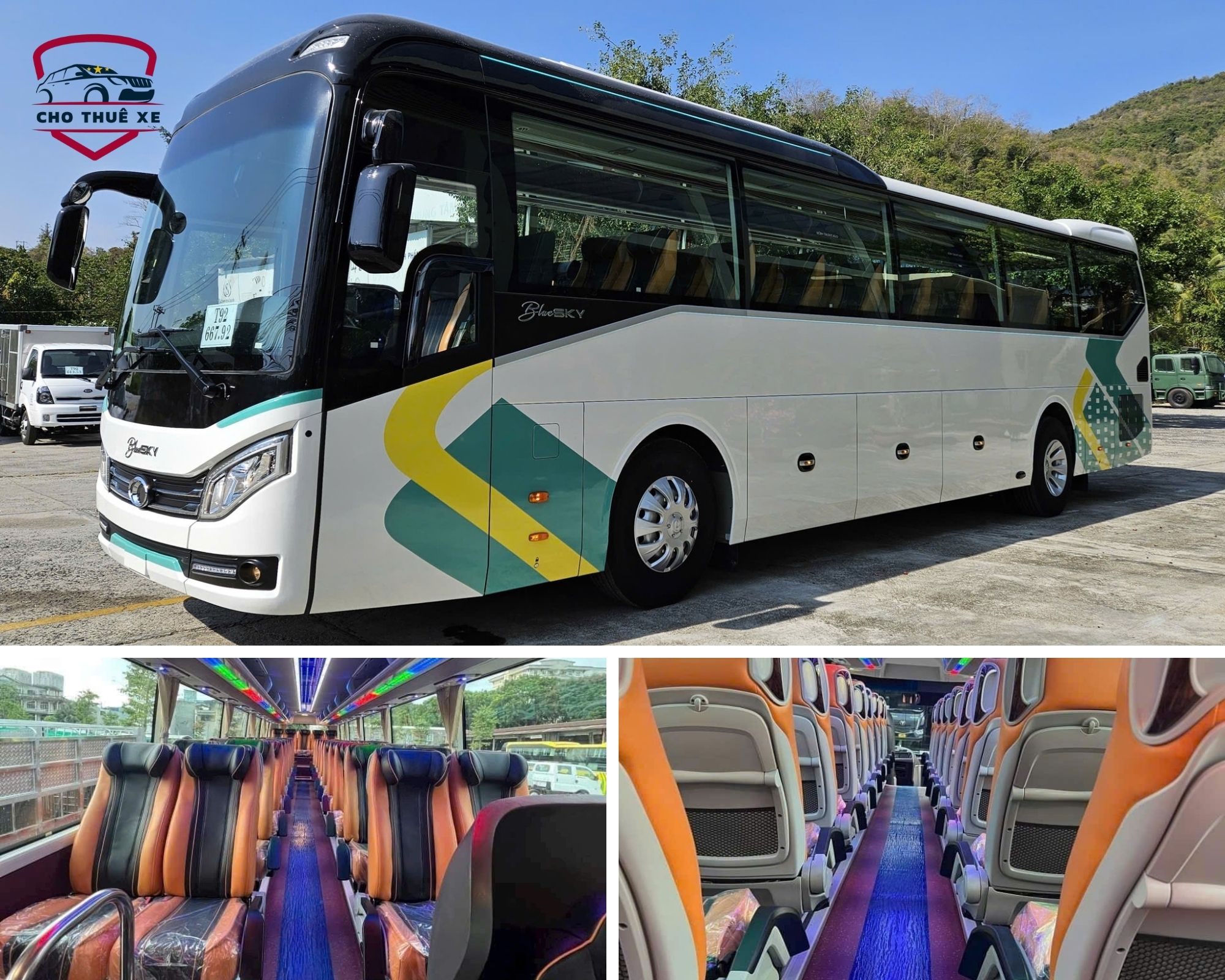 Không gian nội thất xe 45 chỗ cao cấp với ghế bọc da êm ái phối màu cam đen và hệ thống đèn LED trần