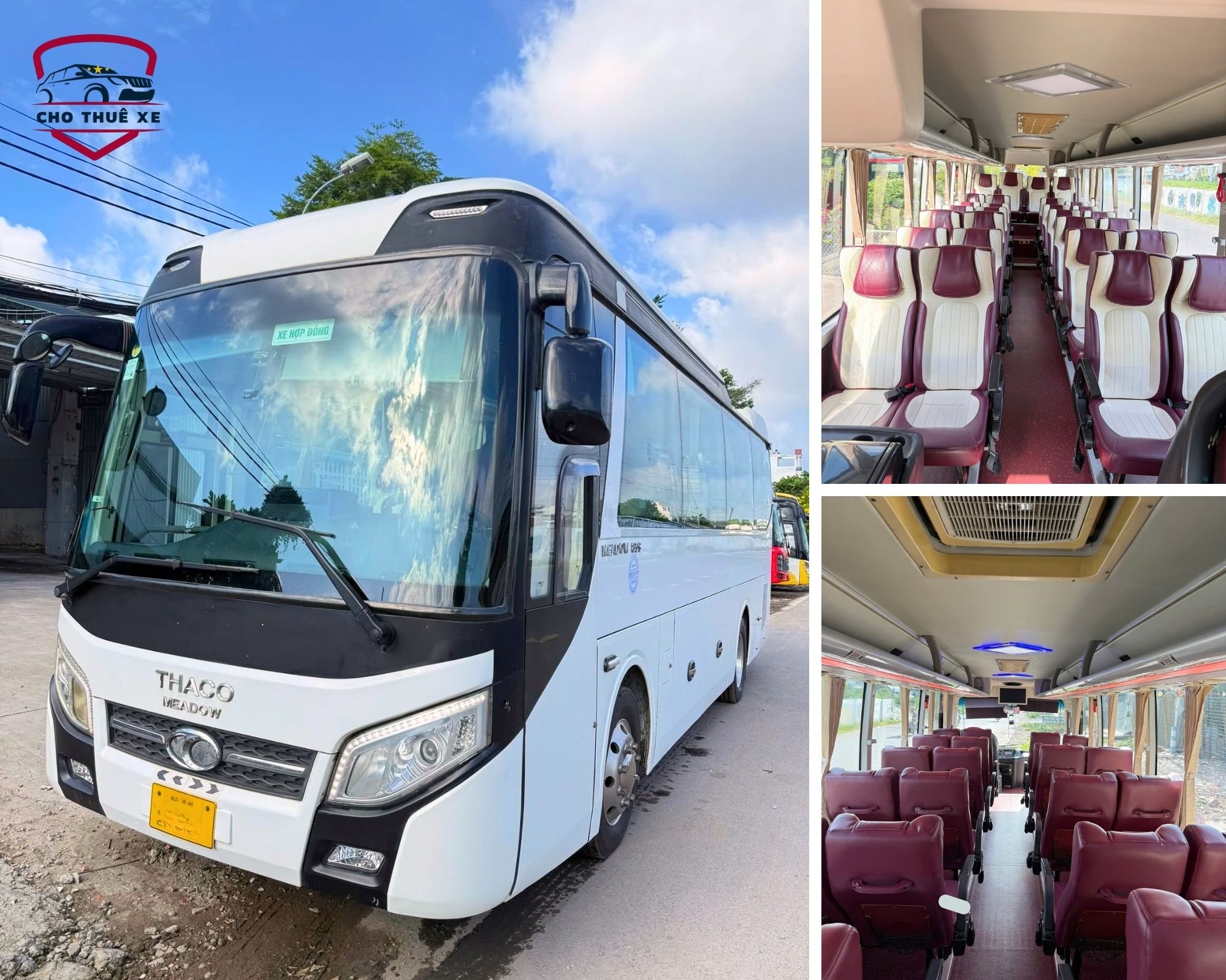 Xe bus Thaco 29 chỗ màu trắng đỗ dưới trời xanh, kèm hai ảnh nội thất với ghế đỏ và lối đi lát thảm